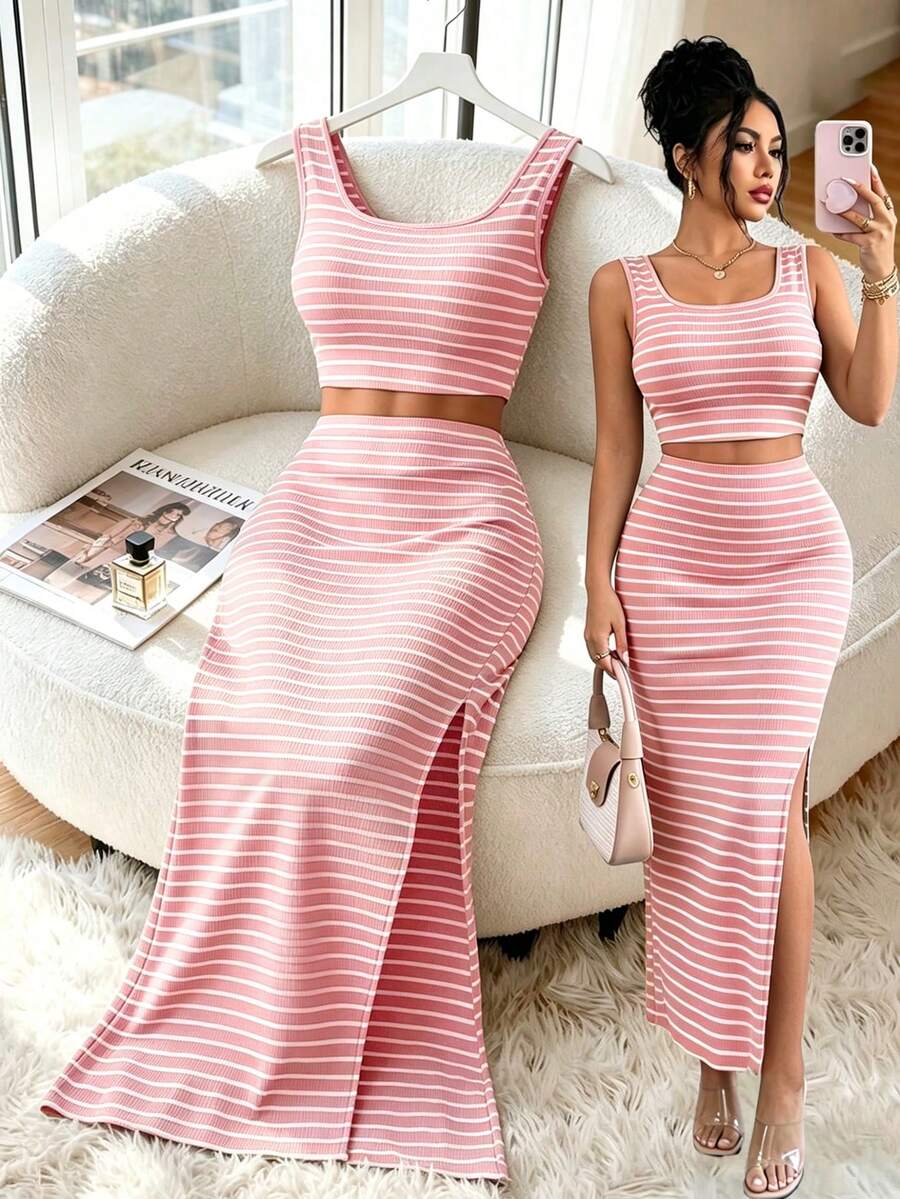 Flirla Women's Solid Color Scoop Neck Striped Print Tank Top And High Slit Skirt 2-Piece Set - Pink - View 1