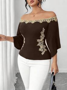 Elenzga Plus Size Women Fashion Versatile 3D Embroidery Decor Off-Shoulder T-Shirt - Brown - View 3