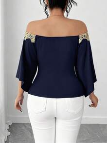 Elenzga Chemise d'été élégante à épaules dénudées avec broderie florale, grande taille - Bleu marine - Voir 2