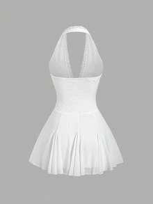 SHEIN Sweetro Y2K Sexy Lace Mesh Patchwork Halter Neck Ruffle Hem Fitted White Party Golf Dress Summer - White - View 4