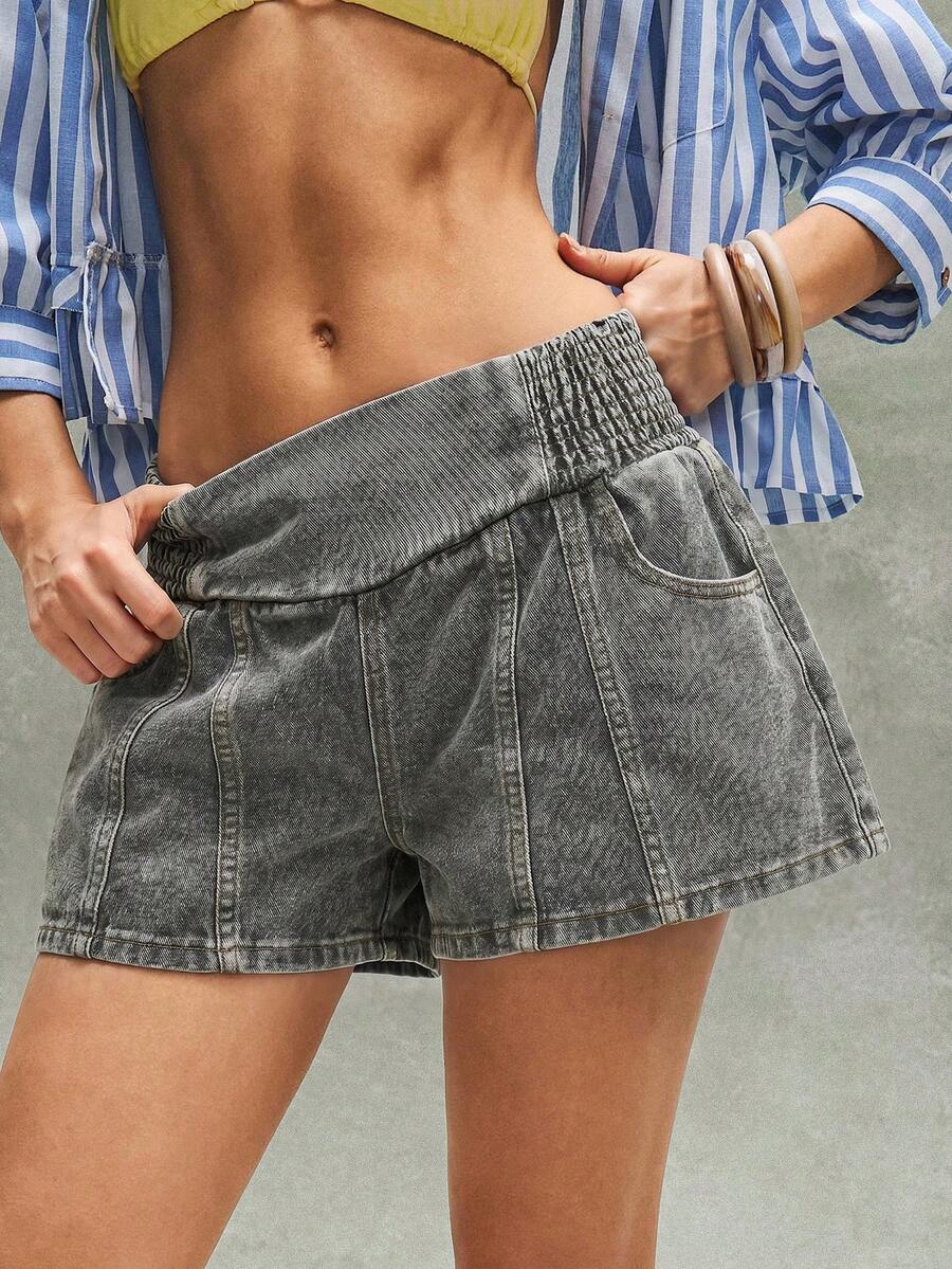 Bohemela Quần short denim nữ cạp thấp kiểu vintage, lưng thun co giãn. - Màu xanh nhạt - Xem 1