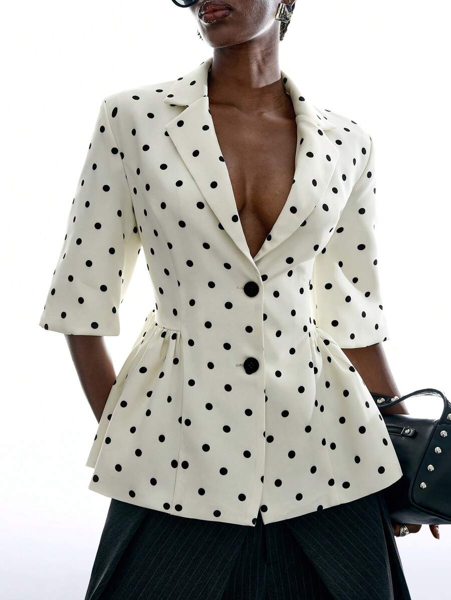 LYSMO Áo khoác blazer nữ họa tiết chấm bi kiểu dáng thường ngày - Đen và trắng - Xem 1