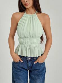 SHEIN PETITE Women's Pleated Halter Neckline Waist-Tied Backless Tank Top - Lime Green - View 8