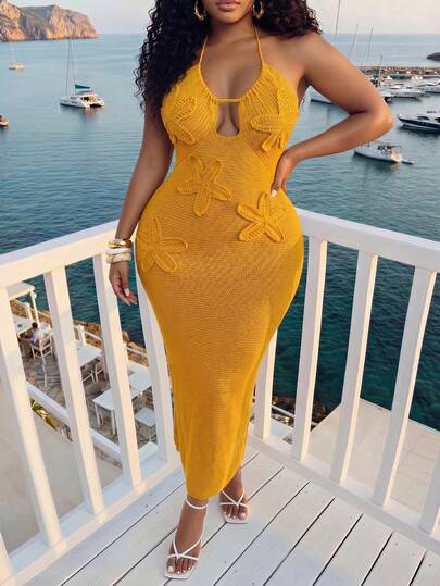 Veslaya 2026 Spring/Summer Plus Size Women's New Music Festival, Beach Birthday Party, Cruise Travel, Summer Party Bohemian Style Dress, Sunshine, Sea Breeze And Holiday, Music Festival Beach Walk / Island Vacation, 3D Floral Details/Fitted Silhouette, Orange Halter Backless Knit Dress