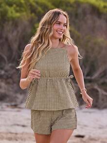 Aralina Women 2pcs Summer Yarn Dyed Stripe Ruffle Detail Top And Short Two Pieces Set Cute Going Out Holiday Outfit Y2K Stockholm Style - Khaki - View 10
