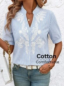 SHEIN Clasi Exquisites besticktes blau-weißes gestreiftes Hemd, geeignet für den täglichen Gebrauch, bequem - Blau-Weiß - Übersicht 7