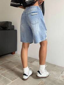 SHEIN ICON 女士休闲做旧牛仔短裤，蓝色 - 淺色水洗藍 - 查看 2