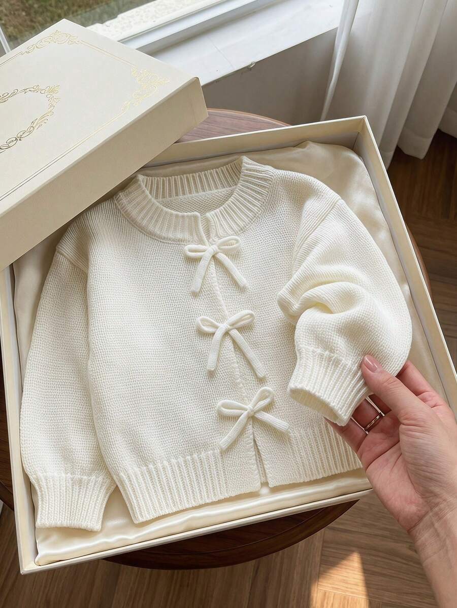 Cozy Pixies Baby Girl Knit Cardigan, Bow Decor, Cute Casual, Soft & Comfortable Versatile, Suitable For Home, Party, Vacation, Apricot Open Front Sweater - White - View 1