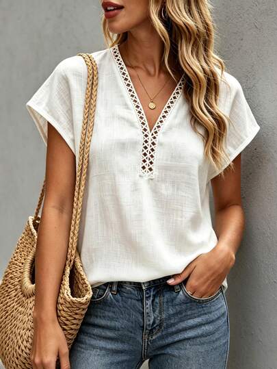 SHEIN Holidaya Women's Elegant Blouse, Versatile For Commuting, V-Neck, Casual Top, Suitable For Summer, White Shirt, Commuting, Daily, Winter, Spring, Autumn, Meetings, Business Negotiations, Daily Office, Dates, Urban Teacher Workwear, Christmas New Year Outfit, Casual Gatherings, Travel, Capable, Elegant, Minimalist, Presence All-Season Outfit, Beach Outfit, Summer Outfit, Commuter Blouse, Beach Top, Formal Top, Women's Summer Outfit
