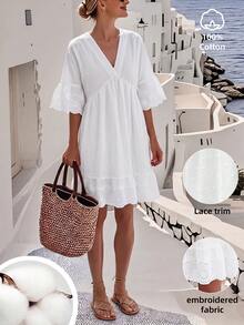 SHEIN Holidaya 女士夏季度假白色镂空刺绣荷叶边连衣裙 - 白色 - 查看 1