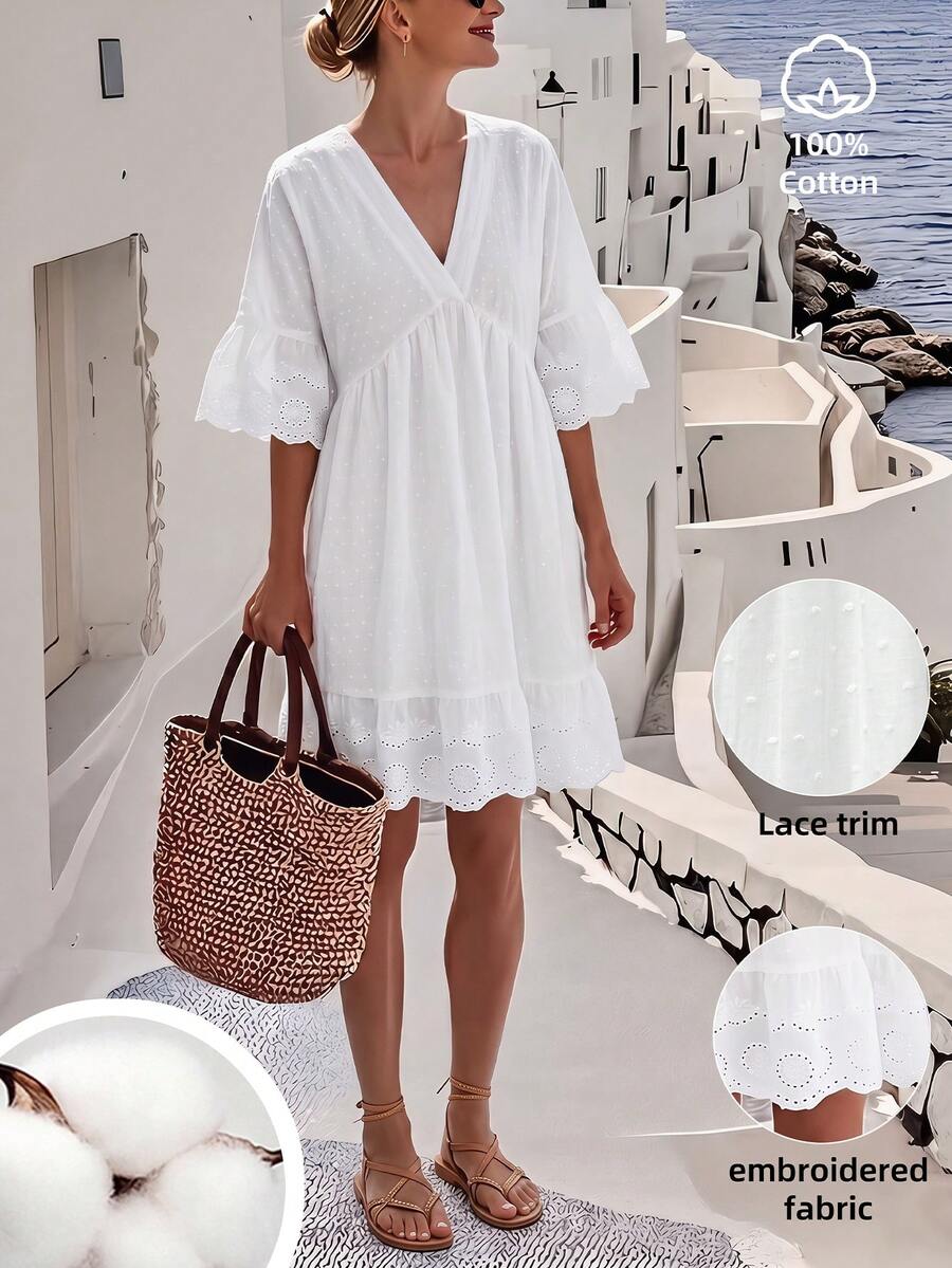 SHEIN Holidaya 女士夏季度假白色镂空刺绣荷叶边连衣裙 - 白色 - 查看 1