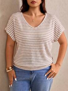 Elaquor Plus Size Casual Minimalist Knit T-Shirt - Apricot - View 3