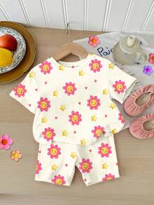 Baby Girls' Cute Colorful Polka Dot, Floral, Heart Print 2Pcs Set - T-Shirt And Shorts, Suitable For Spring/Summer - Multicolor - View 1