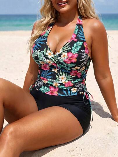 Swim Lushoire Plus Size Tropical Print Tankini Swimsuit Set