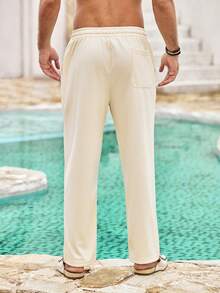 Mercer Haus Men's Drawstring Waist Stitching Design Pants, Autumn - Apricot - View 2