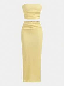 SHEIN Bộ đồ 2 món cho bé gái tuổi teen: áo tank top và chân váy lửng in hoa màu hồng, kiểu dáng ôm sát, thanh lịch và thoải mái. - Màu vàng - Xem 2