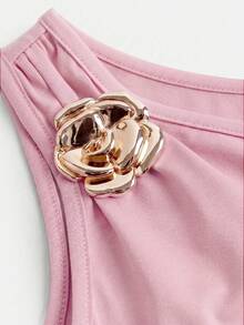 SHEIN 青少年女孩時尚優雅無袖不對稱領上衣，純粉色 - 粉色 - 查看 4