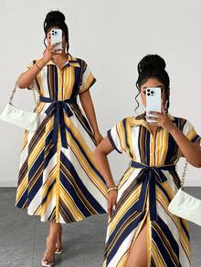 Maweii Plus Size Women Summer Bowknot Decor Pink & White Striped Dress - Royal Blue - View 1