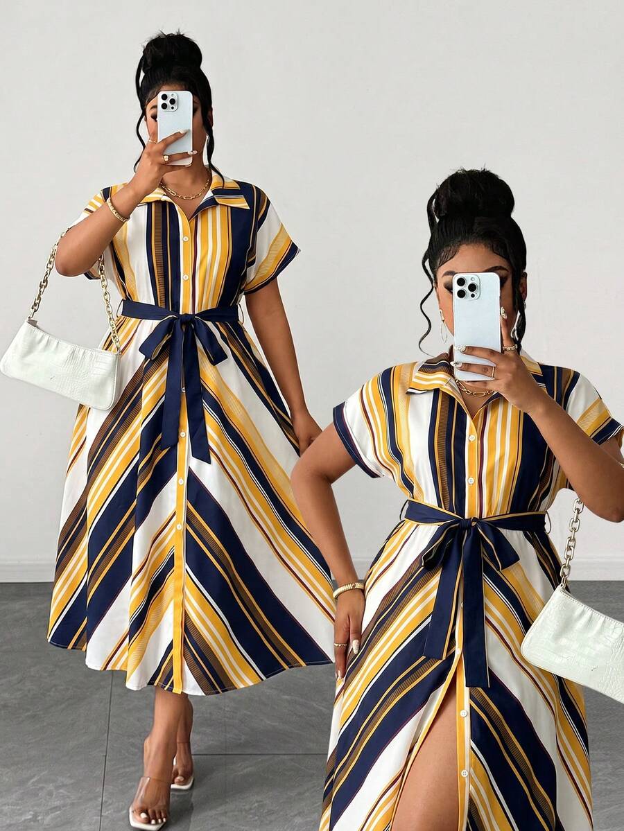 Maweii Plus Size Women Summer Bowknot Decor Pink & White Striped Dress - Royal Blue - View 1