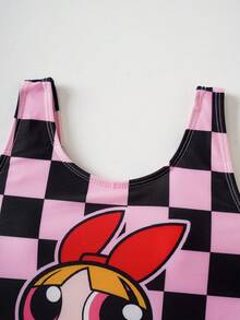 THE POWERPUFF GIRLS X SHEIN Bộ đồ bơi liền thân in hình hoạt hình kẻ caro dành cho bé gái tuổi teen - Nhiều màu - Xem 3