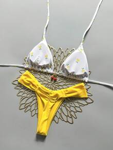 Swim Mod 2件組 春夏度假隨機櫻桃印花掛脖三角杯胸罩與比基尼泳褲 性感女款泳裝套裝 - 彩色 - 查看 2