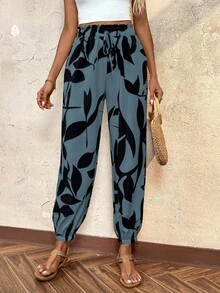 Breezaya Women's Summer Vacation Leaf Print Harem Pants - Blue - View 4