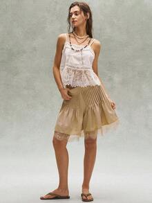 Bohemela Casual Solid Color Woven Contrast Lace Trim Loose Women Shorts - White - View 5