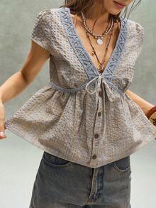 Bohemela Casual Woven Colorful Plaid Patchwork Ruffle Trim Fitted Women Shirt - Multicolor - View 6