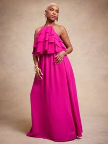Vixey Đầm maxi xếp tầng bồng bềnh cổ yếm, chất liệu chiffon dày dặn, có lớp lót toàn bộ. - Màu Hồng Tươi - Xem 5