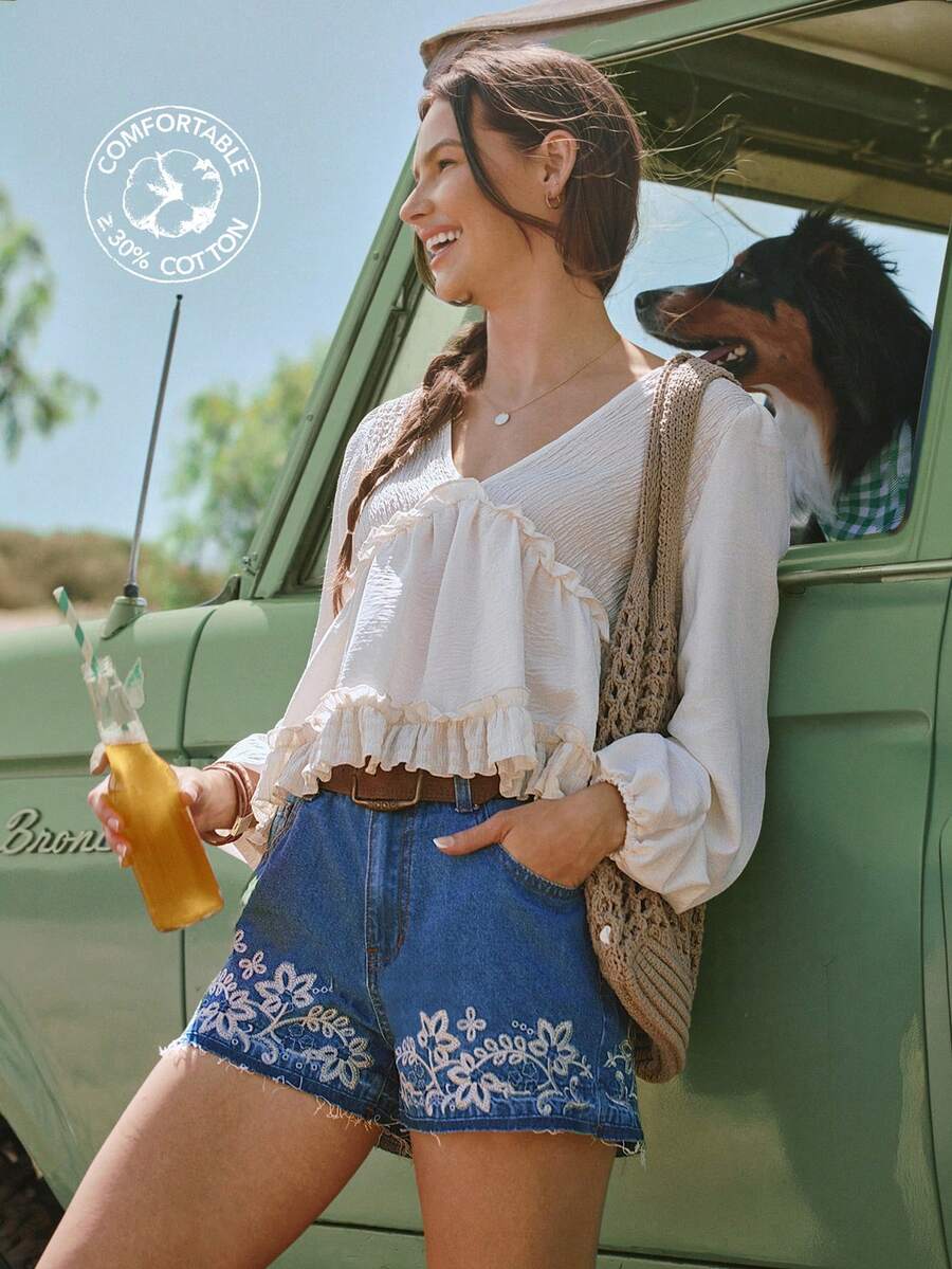 WESTFADE Quần short denim thêu họa tiết, cạp cao, gấu quần có thể tháo rời. - Rửa trung bình - Xem 1