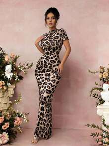 SHEIN PETITE Đầm ngắn tay họa tiết da báo dành cho nữ mùa hè, đầm đi nghỉ mát, đầm dự tiệc. - Nhiều màu - Xem 3