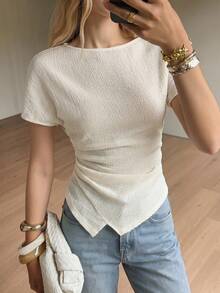 BizChic Áo thun nữ mùa hè mới màu trắng dệt vân nhún eo vạt bất đối xứng tay cánh, phù hợp cho đi làm, công sở, kinh doanh, giao tiếp, mặc trang trọng, trang phục làm việc, lễ hội tháng 6, lễ tốt nghiệp, phong cách thanh lịch đô thị thường ngày, retro thập niên 90, khách mời đám cưới, phù dâu, chủ tiệc, đi chơi, hẹn hò, tiệc sinh nhật, tụ tập, nghỉ dưỡng, đi biển, lễ hội nhạc đồng quê, du lịch, outfit tối giản, ăn sáng muộn, tiệc trà, outfit sân bay - Màu be - Xem 7