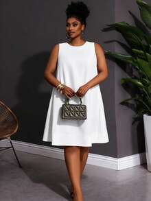 SHEIN CURVE+ Spring/Summer New Arrival Vacation & Casual Solid White Loose Sleeveless A-Line Plus Size Mini Dress For Women - White - View 6