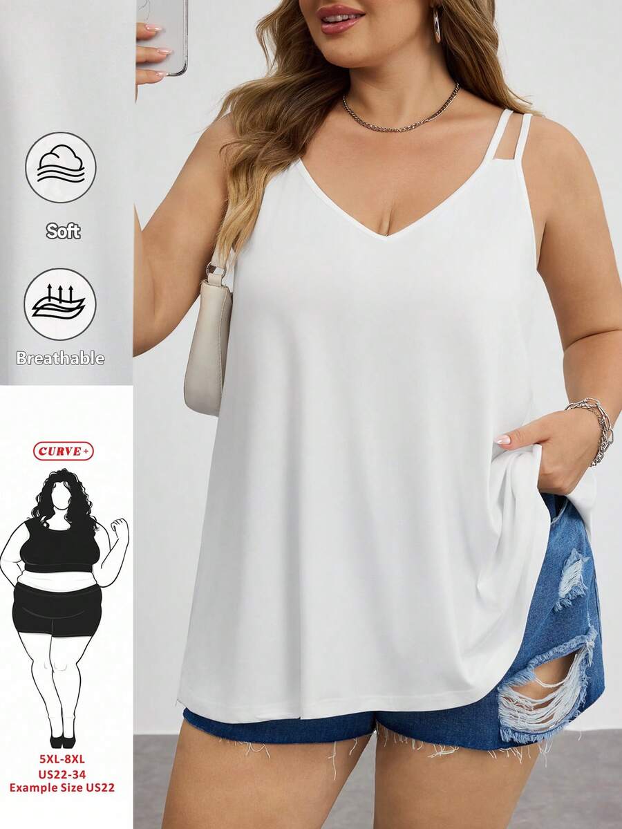 SHEIN CURVE+ Áo tank top cổ chữ V đơn giản, thoải mái dành cho phụ nữ cỡ lớn, phù hợp cho mùa hè, áo tank top trắng cổ chữ V, áo tank top đi học. - trắng - Xem 1