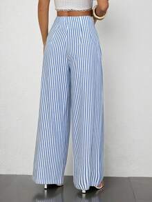 SHEIN PETITE 女士简约休闲时尚返校季复古通勤条纹高腰纹理阔腿裤 - 藍色 - 查看 2