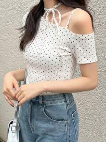 FRIFUL 女士不对称领长袖波点抽绳系肩修身休闲T恤，适合秋季穿着 - 白色 - 查看 1