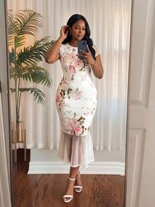 SHEIN Lady CURVE 大码碎花圆领短袖连衣裙 - 彩色 - 查看 5