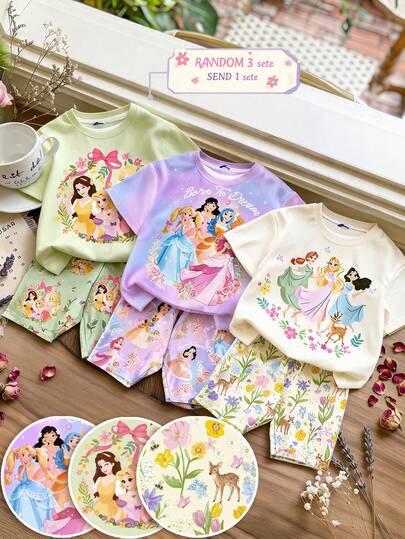 Hộp Quà May Mắn [NGẪU NHIÊN 3 TẶNG 1] Dopamine Cream Princess Floral Deer Print, Little Princess, Vintage Flower, Pressed Flowers, Boho Wildflowers Plant Vintage Botanical, Pastel Floral Nature, Garden Lover Gift, Baby Girl Casual Loose Round Neck Short Sleeve T-shirt and Tight Cycling Shorts, Suitable For Spring And Summer