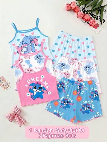 SHEIN [3pcs/Set Random] Toddler Girls' Summer 2pcs Set, Cute Rabbit & Heart Print Camisole Top With Ruffle Trim Shorts, Knit Fabric Soft & Comfortable Pajamas/Loungewear, Suitable For Outdoor & Indoor, Pink/Blue/White Plaid, Fashionable & Versatile