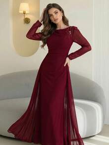 Modelyn Vestido de noche de manga larga de alta gama, vestido formal elegante para fiestas, elegante y lujoso estilo de señora para festival de música primavera/verano, vestido de invitada de boda - Burdeos - Ver 1