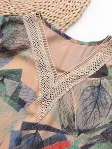 EMERY ROSE 2pcs Women Casual Loose Fit Printed Short Sleeve Top And Wide Leg Pants Set Vacation Beige Autumn - Khaki - View 7