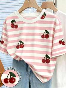 EMERY ROSE Plus Size Women's Casual Cute White Print Round Neck Short Sleeve T-Shirt, Suitable For Spring And Summer Graduation - Multicolor - View 3