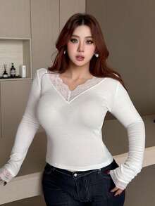 Dazy Plus Áo thun dài tay màu trắng dáng ôm thanh lịch phối ren, thích hợp cho mùa xuân hè và các bữa tiệc ngày Valentine, cỡ lớn dành cho nữ. - trắng - Xem 6