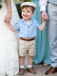 SHEIN Bộ quần áo 3 món cho bé trai, gồm áo polo ngắn tay, quần short thường và mũ, thích hợp cho sinh nhật, đám cưới, lễ tốt nghiệp, các dịp trang trọng hoặc thường ngày, trang phục lịch lãm cho mùa thu/đông. - Nhiều màu - Xem 3