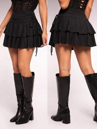 Radiana Minifalda con cintura con cordón elástico, estilo de calle sexy y casual, con tela recubierta de PU, volantes en el bajo, adecuada para uso diario, festivales de música, conciertos, fiestas de carnaval, citas, cumpleaños, fiestas de solteros, clubes, atuendos casuales lindos, compras, moda callejera, salidas, elegante, fácil de combinar, silueta favorecedora
