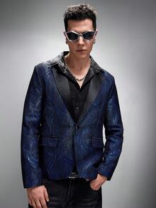 Zorclune Men 1pc Allover Print Contrast Lapel Collar Single Button Blazer, Men's Party Blazer Tuxedo - Blue - View 5