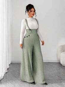 SHEIN Tall CURVE 大码格子极简休闲连体裤 - 軍綠色 - 查看 3