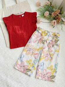 LMoss Kids 2pcs Baby Girl Woven Solid Color Ruffle Collar Top And Loose Ditsy Floral Pants Set - Red - View 3