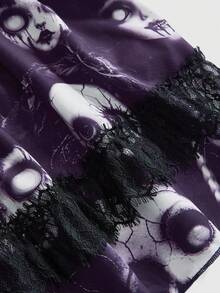 ROMWE Goth 哥特式暗黑女巫蕾丝拼接娃娃印花加大码短裙女装 - 紫色 - 查看 4