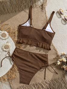 Swim Vcay Women's Solid Color Textured Fabric Sweet Ruffle Drawstring High Waist Cropped Camisole Bikini Top For Beach Vacation - Brown - View 2
